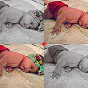 Rovie joined the competition — help win amazing prizes! baby, infant, headband, red_shorts, quilted_blanket, lying_down, collage, grid_layout, color_photo, black_and_white, heart_icon, cute, child, portrait, skin, hand, face, young_child, indoors, soft_texture
