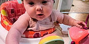 Rovie is registered to the contest to win money with this photo: baby, child, headband, toy, walker, indoor, person, infant, colorful, play, furniture, curious, chubby, hand, face, expression, room, clothing, seat, background