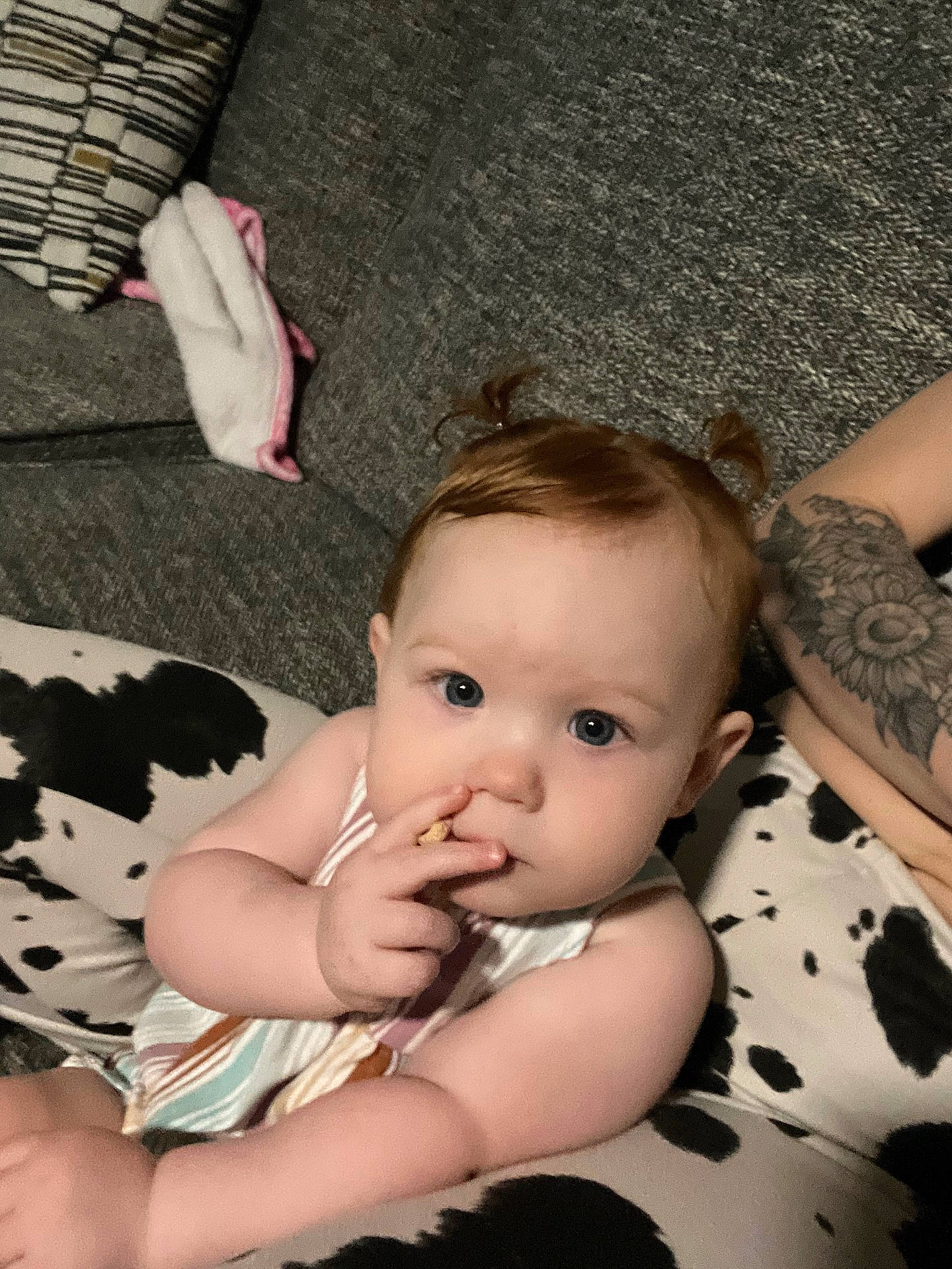 Ember is registered to the contest to win money with this photo: arm, baby, bodypart, clothing, couch, cushion, face, finger, furniture, hand, head, homedecor, hosiery, person, photography, portrait, sitting, skin, sock, tattoo