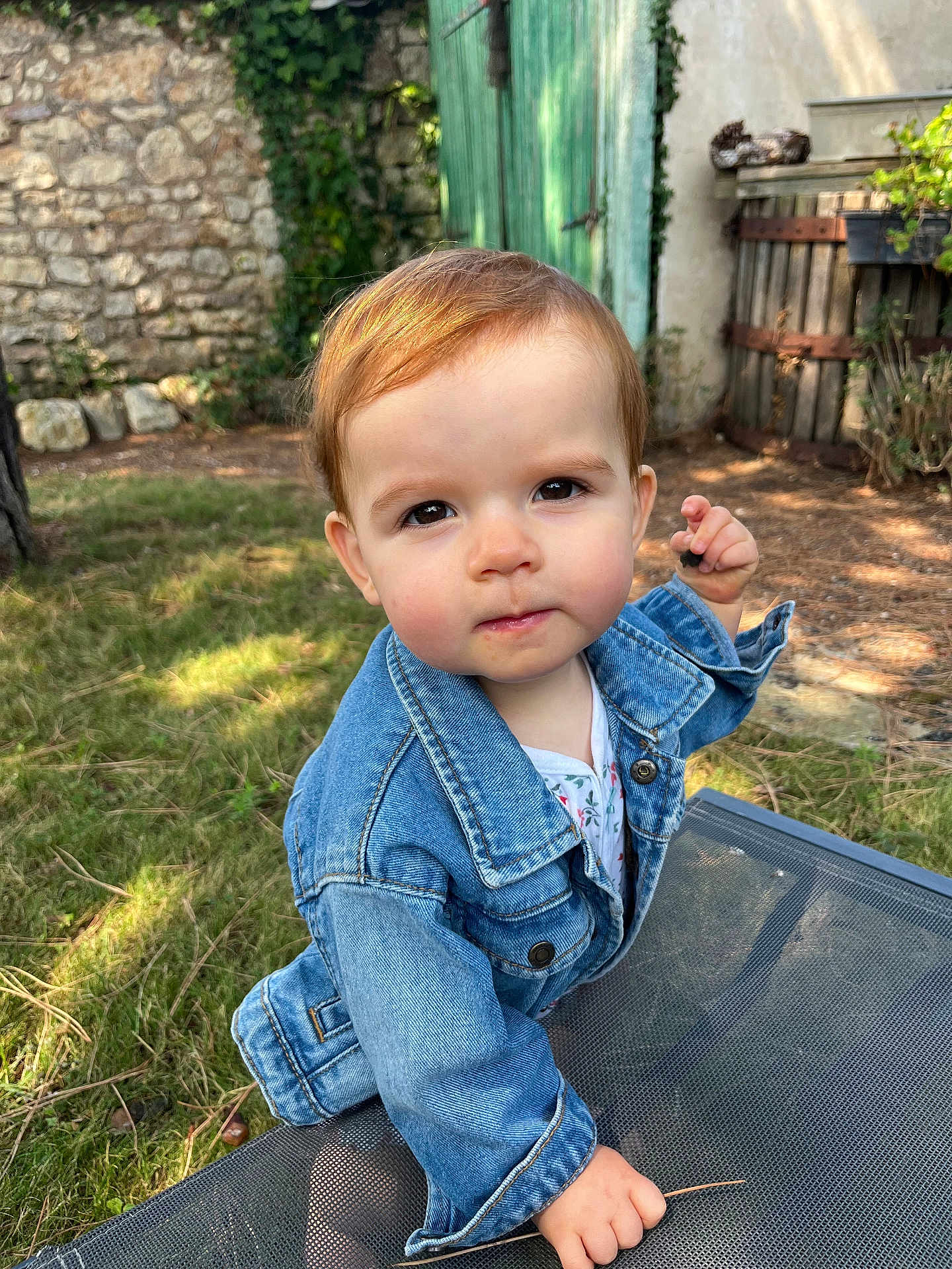 Céleste participe au concours pour gagner de l'argent avec cette photo : toddler, child, denim_jacket, outdoor, garden, grass, stone_wall, green_door, table, mesh_table, curious, portrait, daylight, nature, young_child, person, face, red_hair, expression, casual_clothing