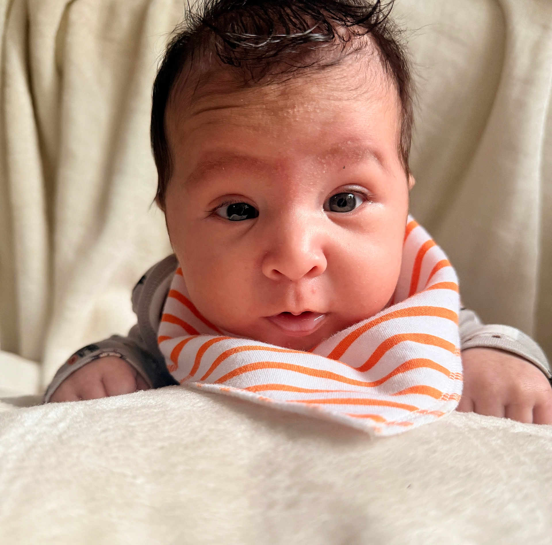 Gage joined the competition — help win amazing prizes! baby, infant, face, eyes, bib, striped_bib, blanket, soft_texture, cute, expression, portrait, closeup, child, newborn, skin, hair, hands, clothing, indoors, curious