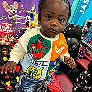 Brycen joined the competition — help win amazing prizes! toddler, child, kenzo, sweatshirt, ripped_jeans, party, table, mickey_mouse, cupcakes, decorations, colorful, indoor, person, face, hair, earrings, cartoon, background, celebration, curious