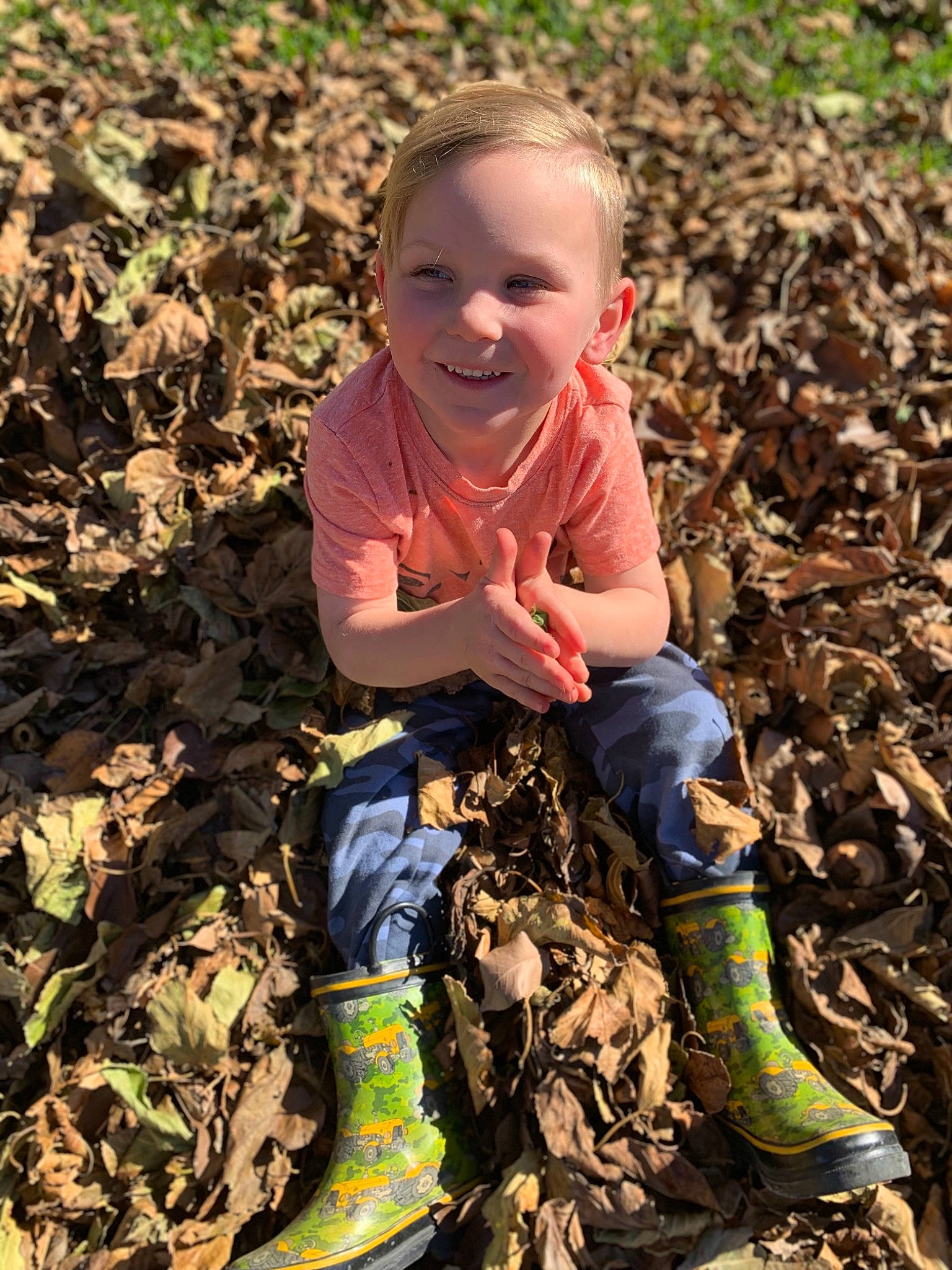 Easton joined the competition — help win amazing prizes! autumn, child, fun, girl, grass, joy, leaf, person, plant, play, smile, soil, toddler, tree