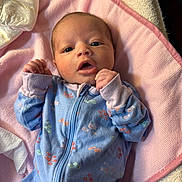 Jazilyna joined the competition — help win amazing prizes! baby, infant, newborn, face, eyes, mouth, hands, onesie, blue_onesie, blanket, pink_blanket, bedding, towel, diaper, portrait, cute, cozy, soft_texture, lying_down, indoor