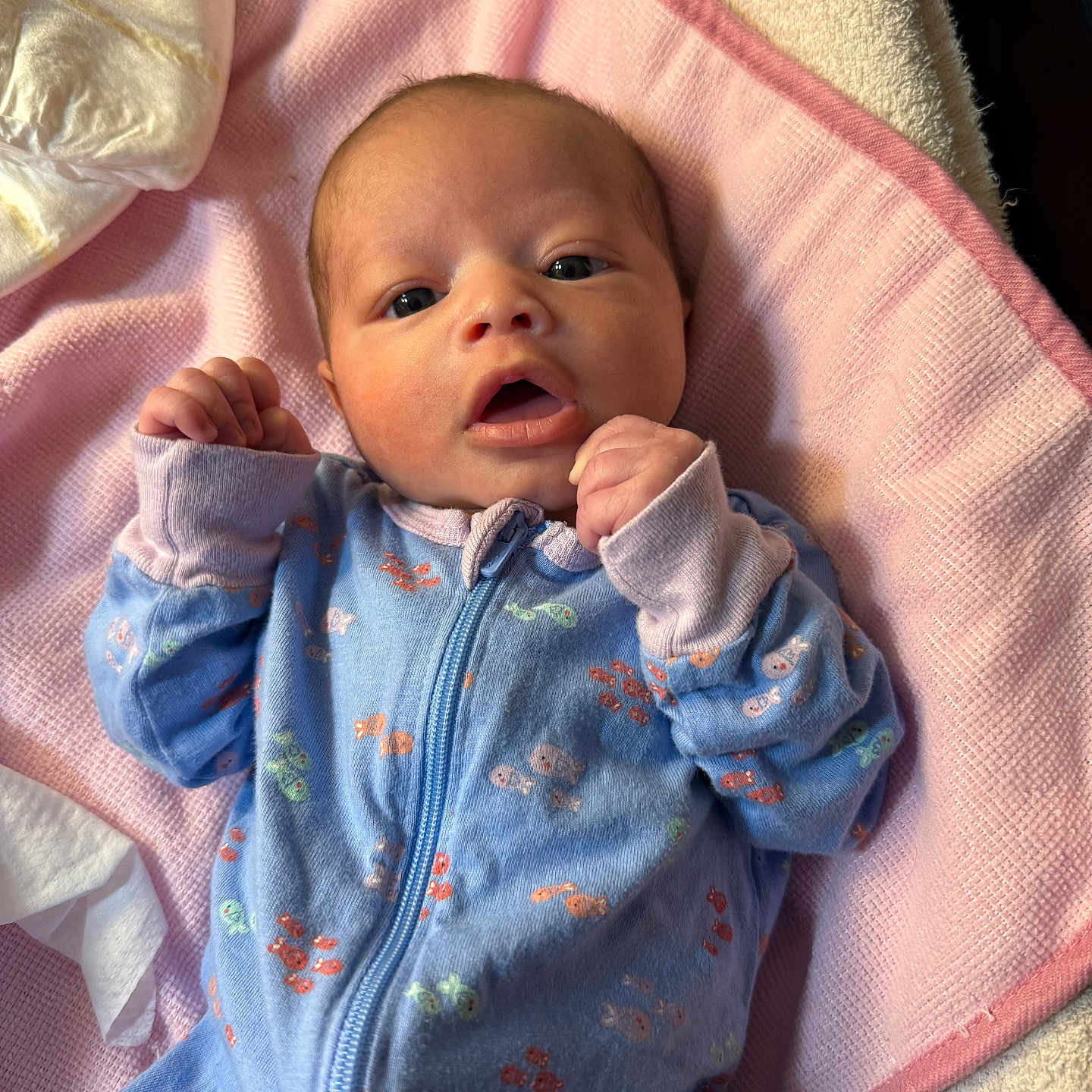 Jazilyna joined the competition — help win amazing prizes! baby, bedding, blanket, blue_onesie, cozy, cute, diaper, eyes, face, hands, indoor, infant, lying_down, mouth, newborn, onesie, pink_blanket, portrait, soft_texture, towel