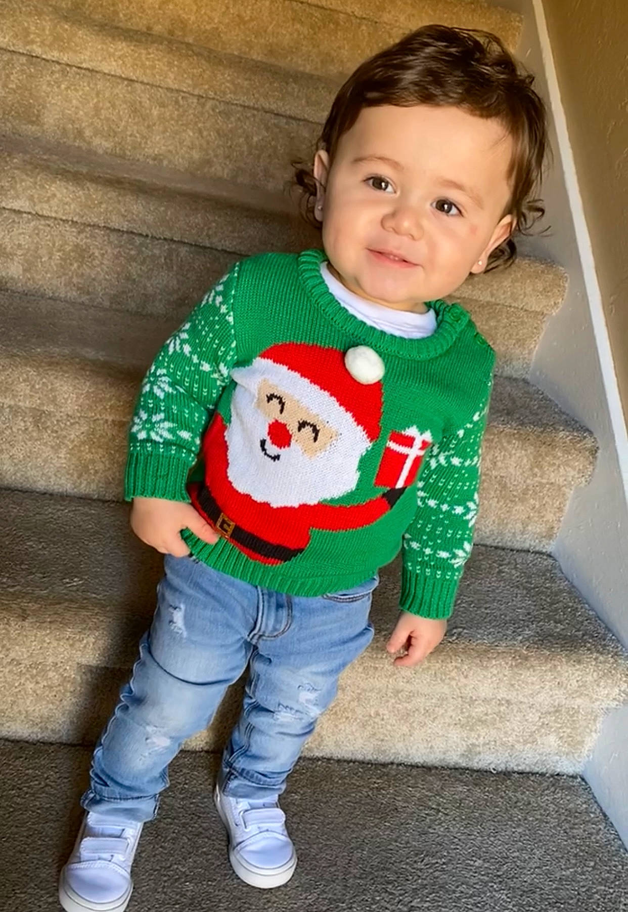 Manuèl joined the competition — help win amazing prizes! baby, baby_toddler_clothing, child, christmas, costume, face, happy, head, holiday, jeans, joy, leg, outerwear, pattern, person, product, sleeve, smile, standing, t_shirt