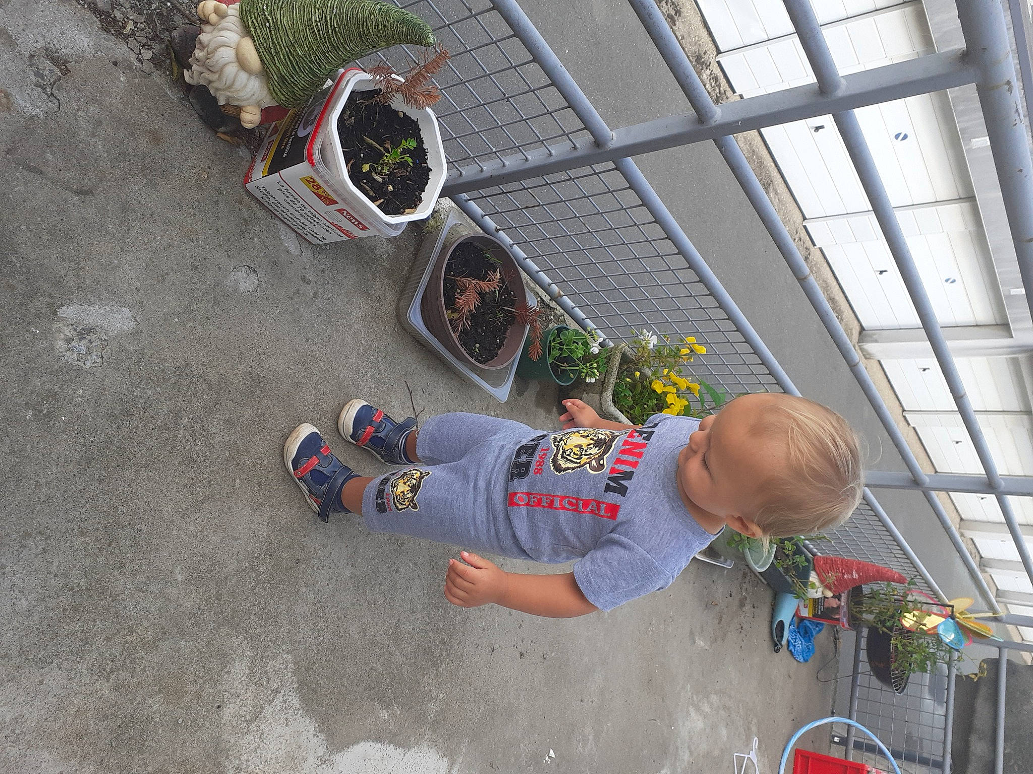 John participe au concours pour gagner de l'argent avec cette photo : asphalt, child, concrete, flip_flops, flowerpot, fun, grass, hat, houseplant, leisure, outdoor_shoe, person, plant, road_surface, sandal, shoe, sidewalk, sneakers, soil, toddler