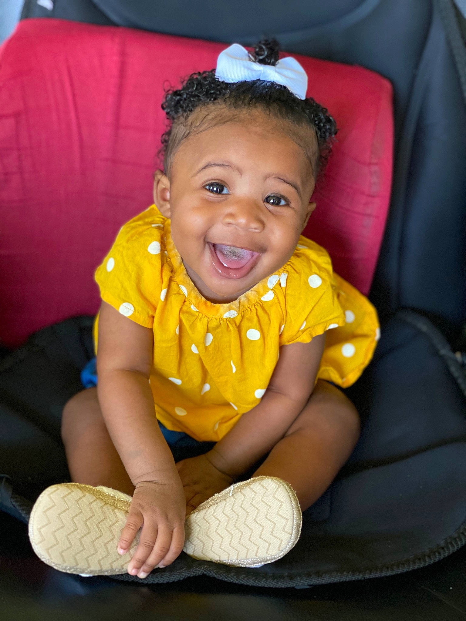 Monroe Love is registered to the contest to win money with this photo: baby, baby_products, car_seat, cheek, child, facial_expression, fun, person, play, sitting, skin, smile, toddler, yellow