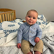 Ethan is registered to the contest to win money with this photo: baby, child, infant, bed, blanket, shirt, pants, barefeet, crib, window, indoor, smile, cute, portrait, person, furniture, home, cozy, clothing, sitting