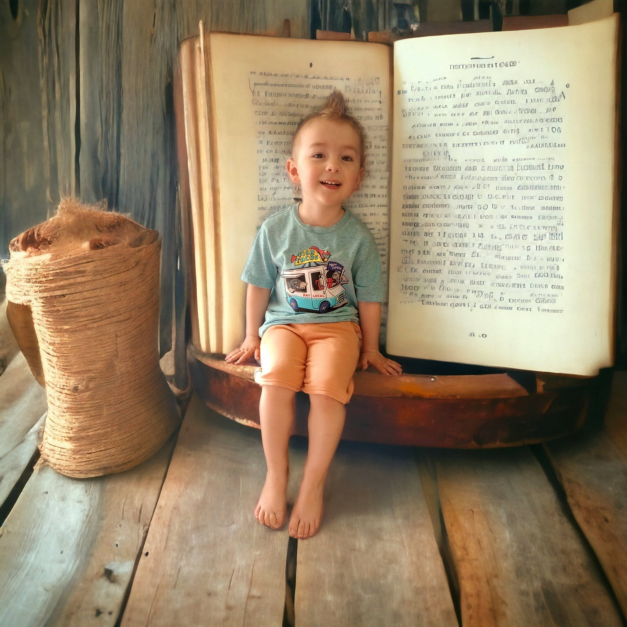 Rhykker is registered to the contest to win money with this photo: barefoot, basket, book, child, flooring, foot, handwriting, happy, hardwood, human_leg, joy, person, publication, sandal, shorts, sitting, smile, storage_basket, thigh, toddler