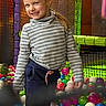 Lily-Rose a rejoint le concours — aidez-le/la à gagner de superbes lots ! child, smiling, ball_pit, play_area, netting, colorful, indoor, happy, casual_clothing, striped_shirt, pants, young, playful, fun, portrait, person, cute, leisure, childhood, activity