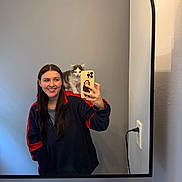 Smudge joined the competition — help win amazing prizes! bathroom, casual_clothing, cat, cute, electrical_outlet, hand, kitten, light, long_hair, mirror, pet, phone, reflection, selfie, sink, smile, toothbrush, toothpaste, wall, woman