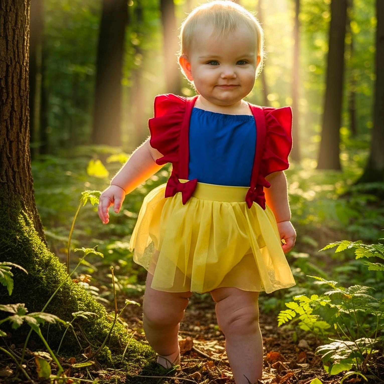 Stevie joined the competition — help win amazing prizes! child, toddler, girl, portrait, smiling, forest, outdoors, sunlight, sunbeams, trees, nature, dress, costume, colorful_clothing, red, blue, yellow, walking, foliage, fairytale