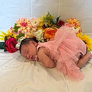Amani joined the competition — help win amazing prizes! baby, newborn, sleeping, pink_dress, tutu, flowers, artificial_flowers, colorful, soft_surface, portrait, infant, cute, peaceful, resting, child, floral_arrangement, fabric, tulle, indoors, closeup