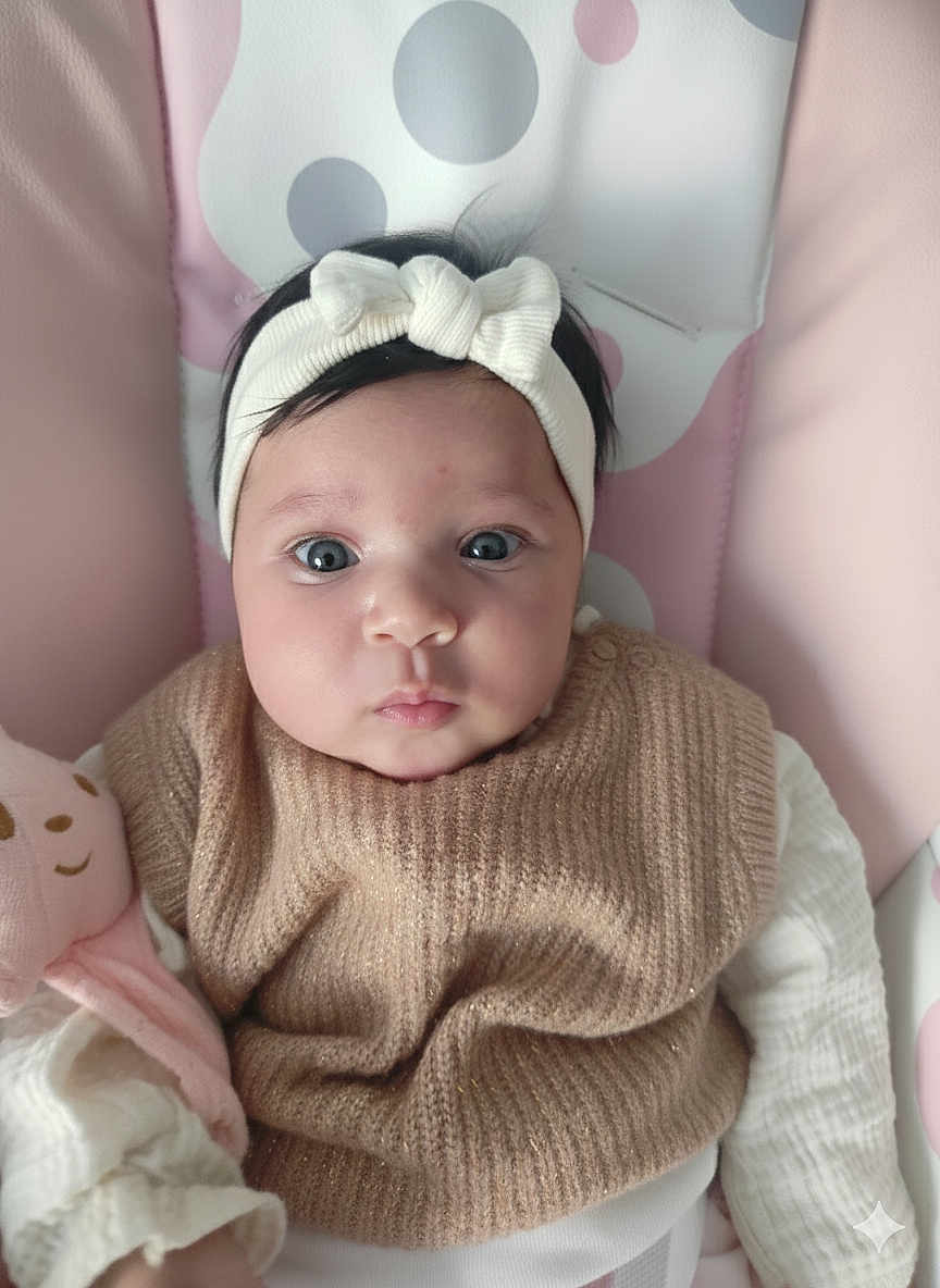 Alma participe au concours pour gagner de l'argent avec cette photo : baby, infant, headband, sweater, plush_toy, pink, white, pastel, cushion, seat, wide_eyes, cute, soft_toy, child, portrait, indoors, cozy, clothing, knitwear, person