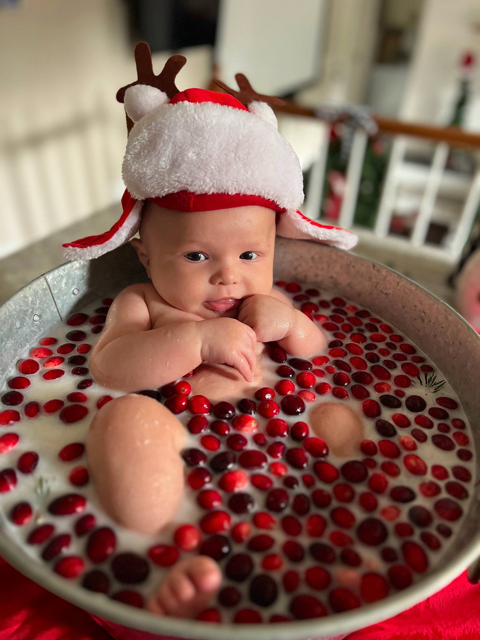 Killian is registered to the contest to win money with this photo: baby, baby_toddler_clothing, beanie, cap, carmine, child, costume_hat, fashion_accessory, fruit, hat, headwear, holiday, linens, pattern, person, pink, red, sitting, superfood, sweetness
