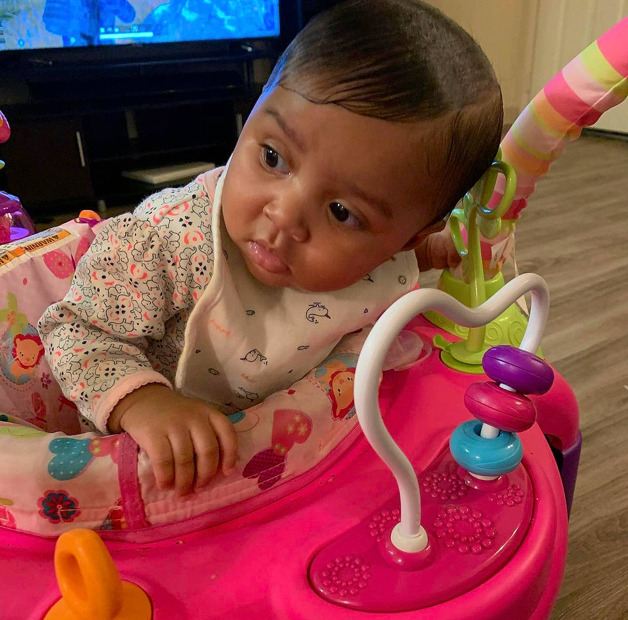 Jalayah joined the competition — help win amazing prizes! baby, baby_playing_with_toys, baby_toddler_clothing, baby_toys, beauty, cable_television, child, entertainment_center, finger, fun, happy, person, pink, play, product, sitting, skin, snapshot, sweetness, television