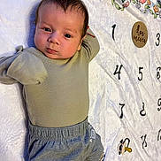 Eduardo joined the competition — help win amazing prizes! baby, infant, blanket, numbers, floral_pattern, clothing, pants, top, lying_down, face, head, expression, cute, indoors, soft_texture, pacifier, decorative, child, young, person