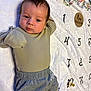 baby, infant, blanket, numbers, floral_pattern, clothing, pants, top, lying_down, face, head, expression, cute, indoors, soft_texture, pacifier, decorative, child, young, person