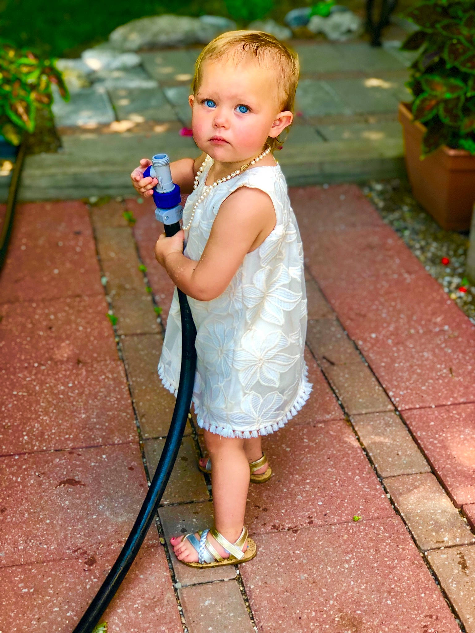 Anna joined the competition — help win amazing prizes! child, garden_hose, person, play, smile, summer, toddler, vacation, water