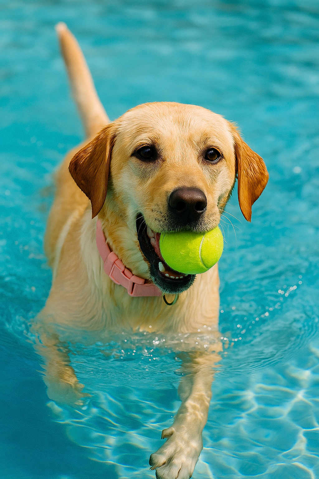 Cookie is registered to the contest to win money with this photo: dog, golden_retriever, tennis_ball, water, pool, swimming, pet, animal, collar, playful, happy, outdoor, summer, canine, fetch, toy, mammal, active, fun, wet