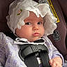 Everlee joined the competition — help win amazing prizes! baby, infant, car_seat, car_safety, seat_belt, white_bonnet, purple_clothing, hand, face, expression, child, cute, indoors, transportation, sitting, safety_harness, young_child, portrait, person, closeup