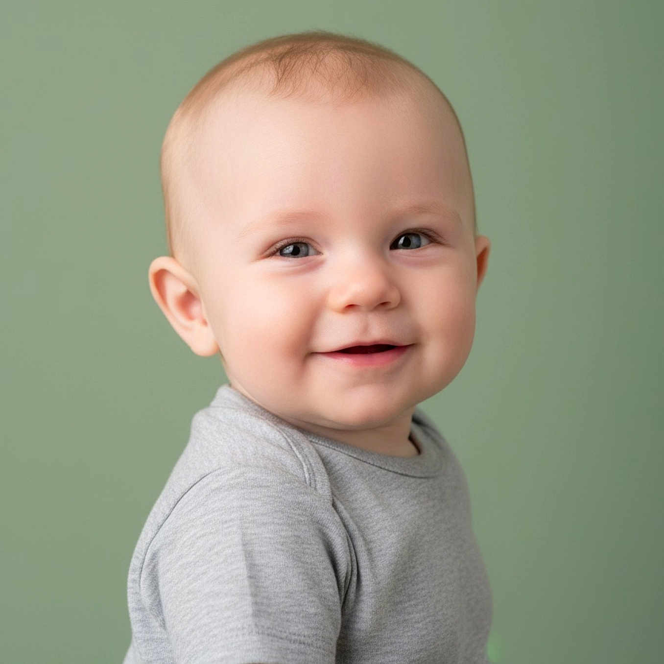 Rocco joined the competition — help win amazing prizes! baby, smiling, face, child, portrait, cute, infant, toddler, clothing, grey_shirt, skin, head, eyes, ear, background, green_background, happy, young_child, indoor, studio
