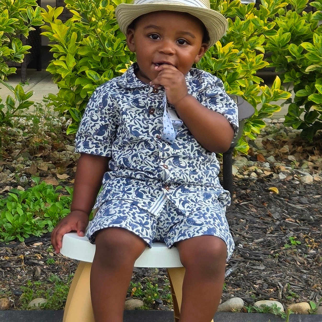 Majeek is registered to the contest to win money with this photo: casual_wear, child, curious, cute, daylight, footwear, garden, grass, greenery, hat, outdoor, plants, portrait, shirt, shoes, shorts, sitting, smiling, stool, toddler