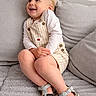Neylan a rejoint le concours — aidez-le/la à gagner de superbes lots ! toddler, child, smile, blonde_hair, overalls, sandals, couch, gray, happy, indoors, portrait, sitting, cute, feet, clothing, young_child, person, home, casual, relaxed