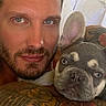 animal, beard, bed, blue_eyes, close_up, cuddle, dog, ear, face, french_bulldog, indoor, looking_at_camera, man, pet, portrait, resting, skin, tattoo, tattooed_arm, white_bedding