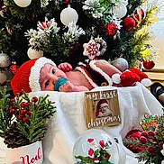 Adriel joined the competition — help win amazing prizes! baby, christmas_tree, christmas_ornaments, pacifier, santa_hat, holiday_decorations, snow_globe, blanket, red_berries, pine_cone, greenery, wooden_frame, festive_clothing, indoors, holiday_season, infant, decorative_ball, toy, celebration, cozy