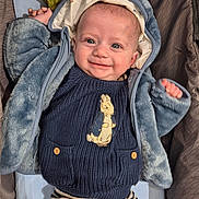 Roman is registered to the contest to win money with this photo: baby, smiling, blue_jacket, knitted_sweater, bunny_design, striped_pants, cozy, fuzzy, child, infant, happy, cute, portrait, lying_down, blanket, indoor, closeup, face, hands, warm_clothing