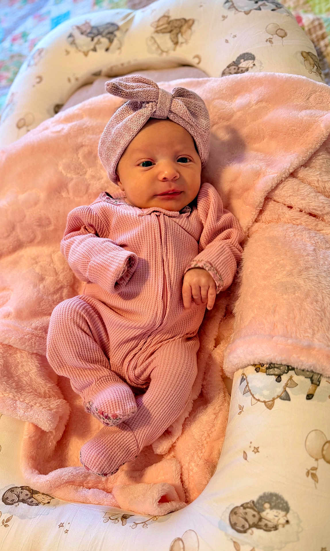 Zoey joined the competition — help win amazing prizes! baby, infant, pink, blanket, headband, onesie, cute, soft, cozy, sleeping_bag, newborn, baby_nest, animal_print, cushion, portrait, indoors, child, comfort, relaxation, hand