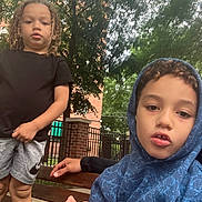 Andres joined the competition — help win amazing prizes! child, boy, outdoor, bench, hoodie, curly_hair, casual_clothing, trees, fence, brick, playground, daytime, person, park, greenery, expression, portrait, young, leisure, nature