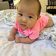 Allison is registered to the contest to win money with this photo: baby, infant, pink_clothing, tummy_time, blanket, footprint_pattern, indoor, person, face, cute, child, curious, resting, soft_texture, home, young_child, chubby_cheeks, expression, laying_down, closeup
