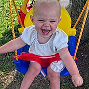 Nova is registered to the contest to win money with this photo: child, toddler, swing, outdoor, grass, tree, playground, toy, happy, laughing, summer, barefoot, clothing, plastic_swing, nature, sunlight, fun, play, person, recreation