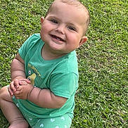 Remi joined the competition — help win amazing prizes! baby, barefoot, casual_clothing, child, cute, grass, green_shirt, happy, infant, kid, nature, outdoor, playful, portrait, shorts, sitting, smiling, summer, sunlight, young_child