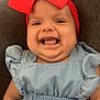 baby, child, smiling, red_bow, headband, blue_dress, cute, happy, portrait, infant, sitting, indoors, fashion, person, young_child, closeup, face, skin, clothing, chubby_cheeks