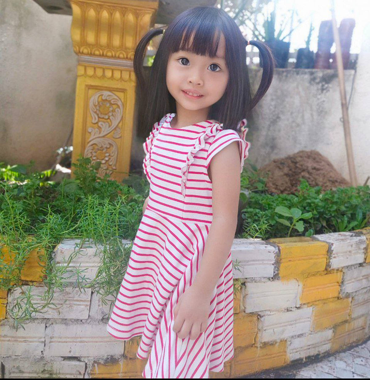 Angelina joined the competition — help win amazing prizes! beauty, black_hair, day_dress, dress, fashion_design, formal_wear, grass, hair, hairstyle, happy, head, joy, long_hair, neck, one_piece_garment, pattern, person, plant, shoulder, sleeve