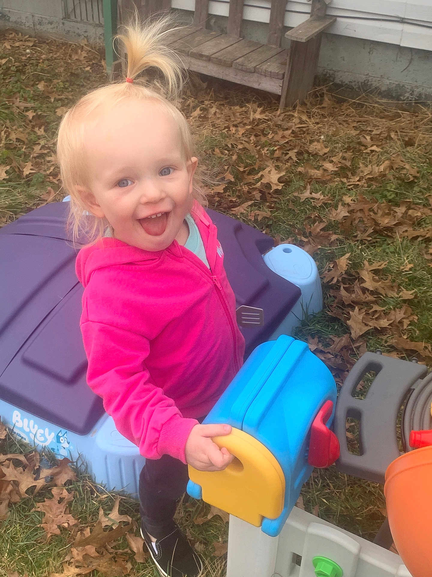 Emilia is registered to the contest to win money with this photo: child, toddler, girl, smiling, outdoors, backyard, playset, toy, pink_jacket, ponytail, happy, grass, leaves, plastic_toy, candid, shoes, expression, portrait, fun, playing
