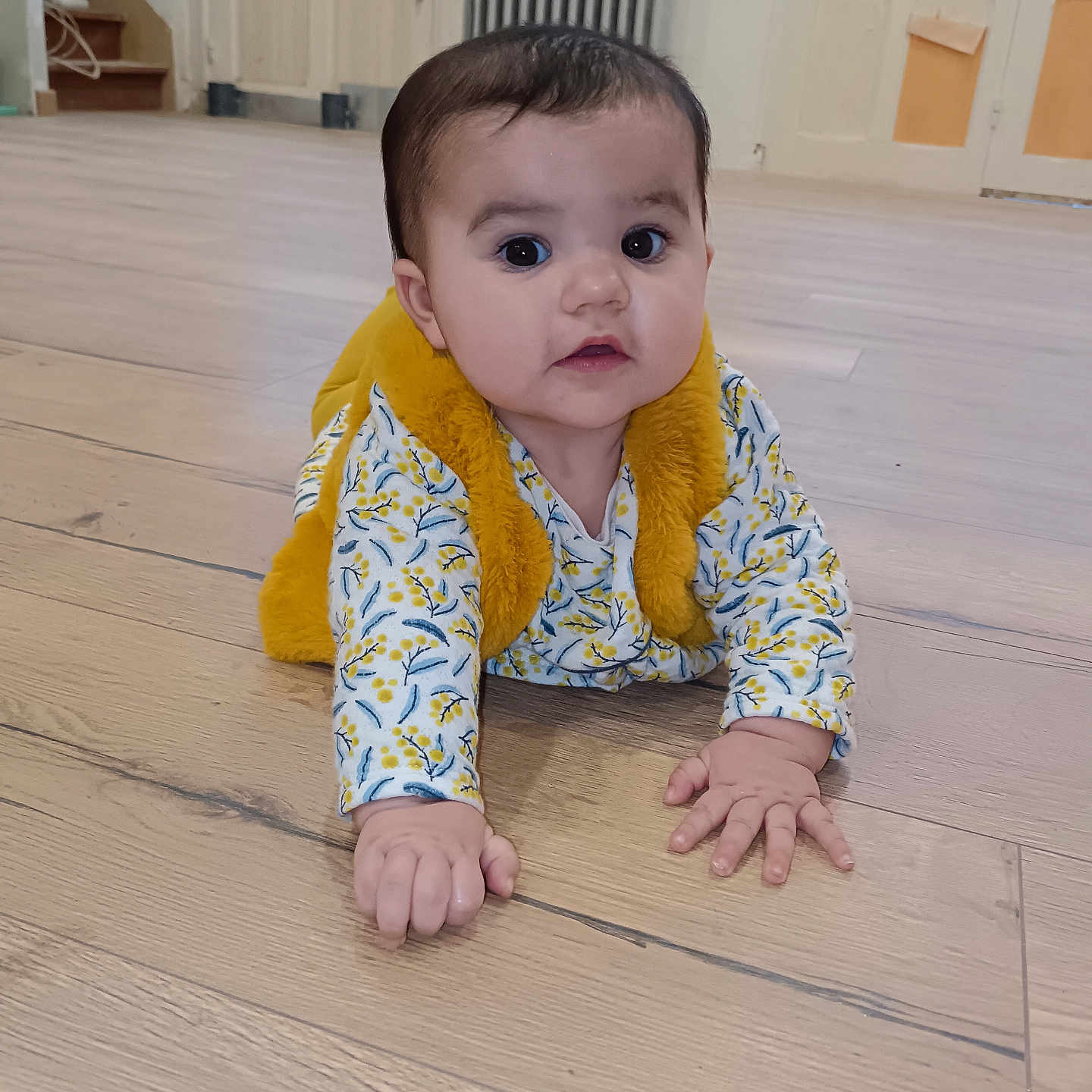 Anoé participe au concours pour gagner de l'argent avec cette photo : baby, casual, child, clothing, cozy, crawling, curious, door, expression, face, floor, hands, home, indoor, infant, person, portrait, stairs, wooden_floor, yellow