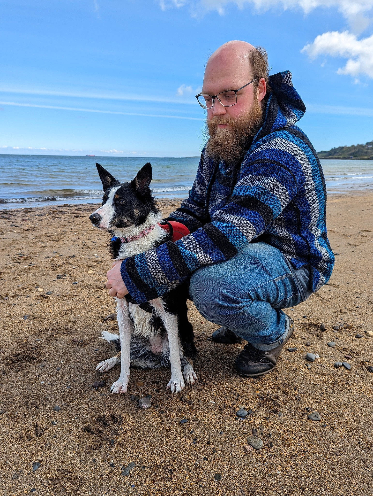 Jenny is registered to the contest to win money with this photo: beach, beard, carnivore, cloud, companion_dog, dog, dog_breed, electric_blue, fun, leisure, mammal, ocean, recreation, sky, soil, sporting_group, travel, vertebrate, water, working_animal