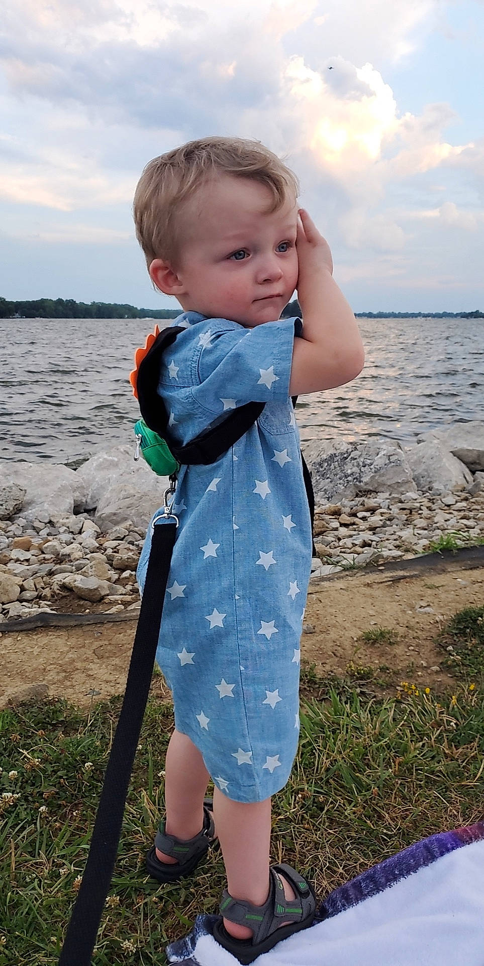 Brantley is registered to the contest to win money with this photo: azure, baby_toddler_clothing, blond, child, cloud, fun, grass, happy, lake, morning, pattern, people, people_in_nature, person, sky, sleeve, standing, summer, toddler, waist
