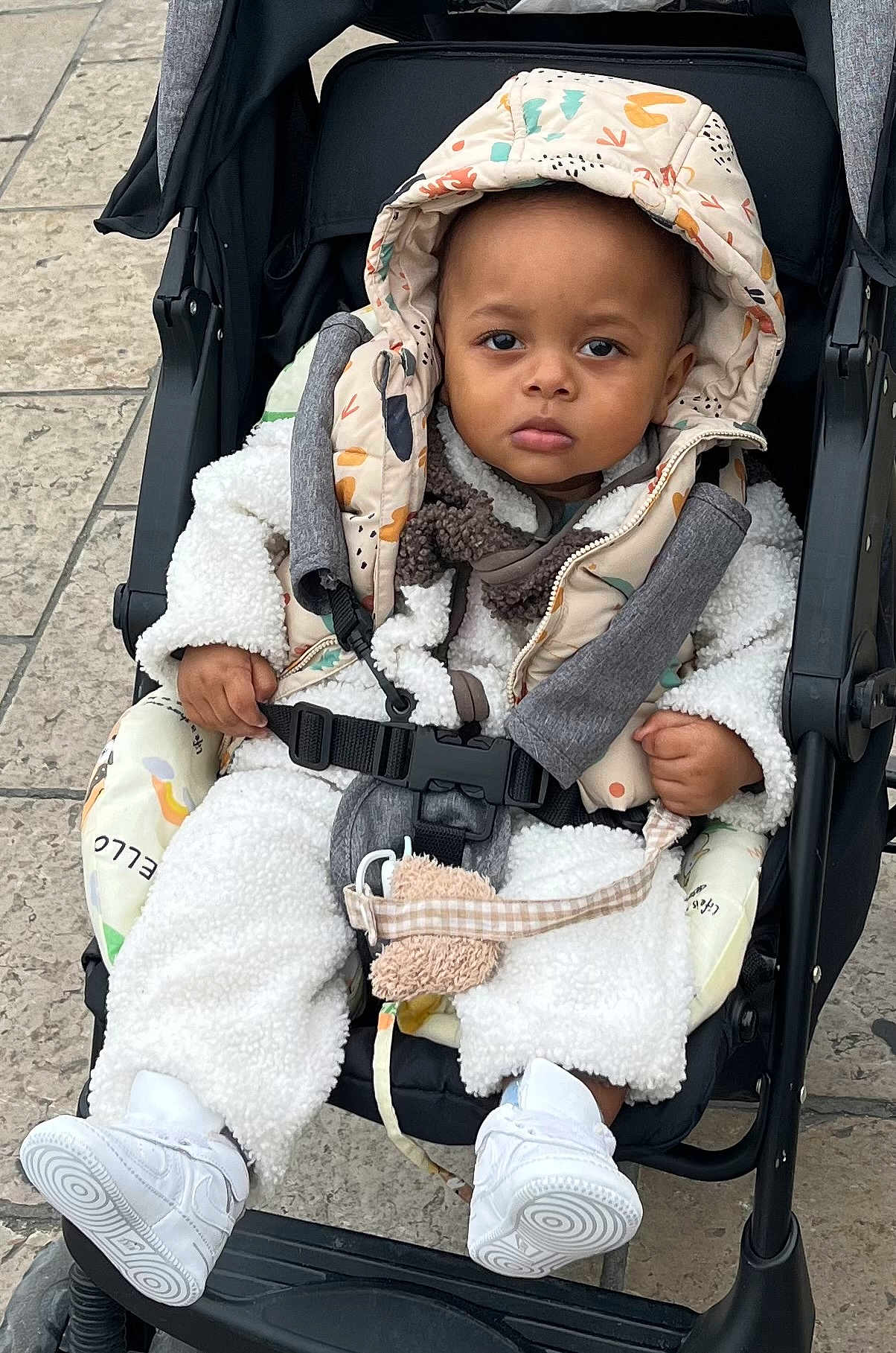 Nayem participe au concours pour gagner de l'argent avec cette photo : toddler, child, stroller, hooded_vest, white_shoes, outdoor, pavement, baby_clothes, straps, serious_expression, seatbelt, cute, warm_clothing, baby, person, portrait, casual, walking, urban, daytime