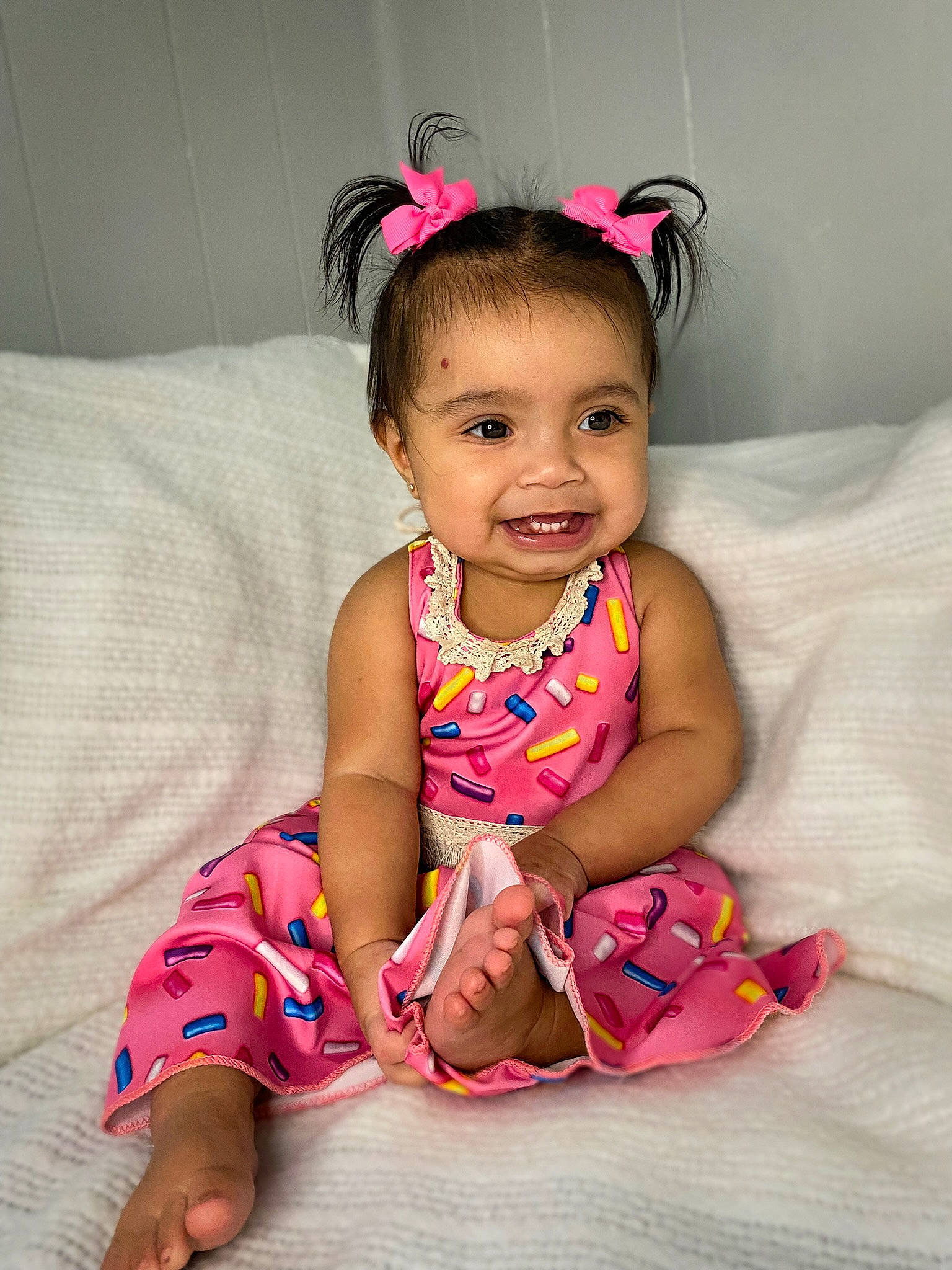 Noelani joined the competition — help win amazing prizes! arm, baby_toddler_clothing, cheek, chin, comfort, dress, eye, face, facial_expression, flash_photography, hair, happy, iris, joy, neck, person, pink, purple, skin, sleeve