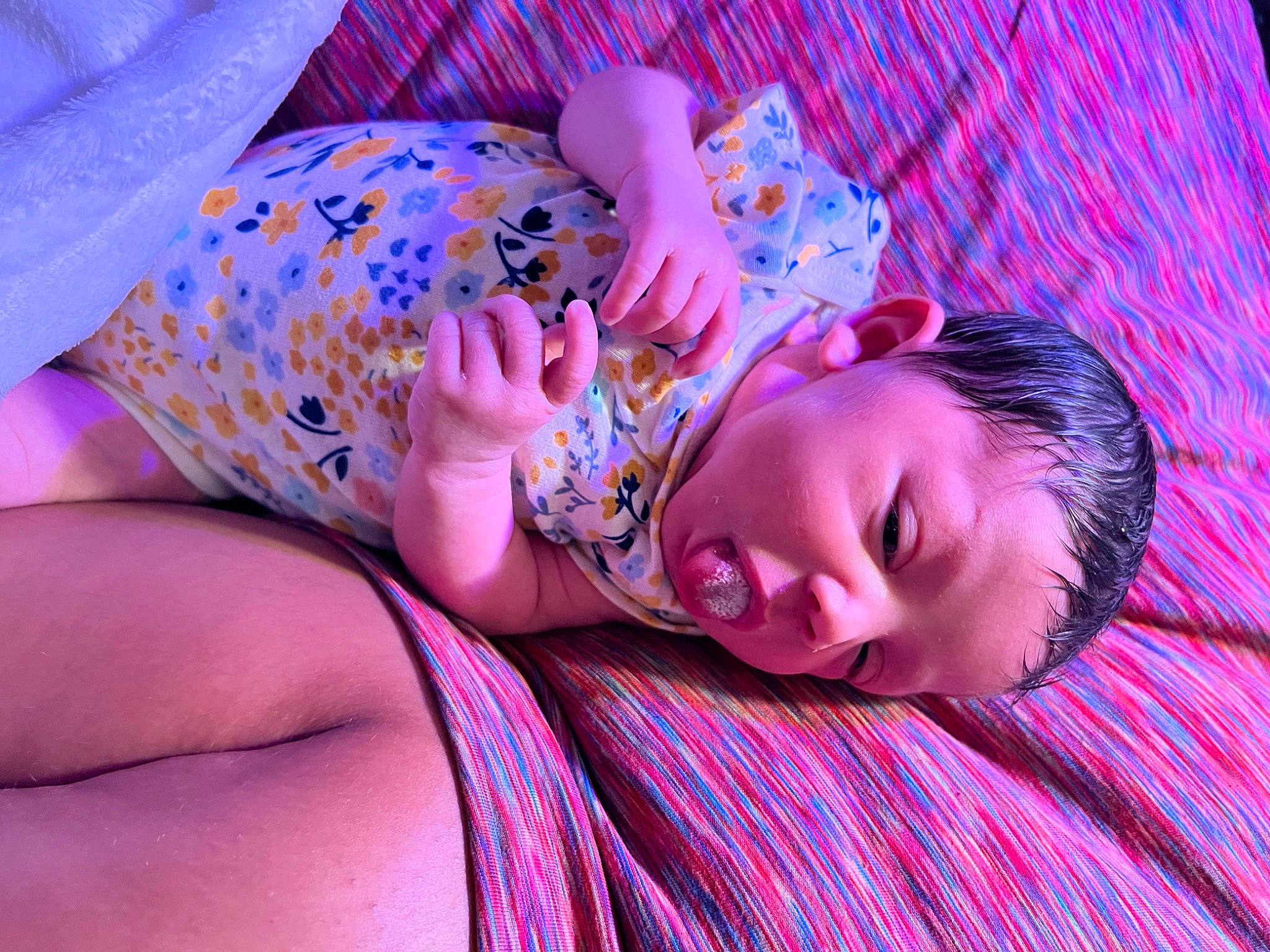 Ariel is registered to the contest to win money with this photo: arm, blue, child, comfort, electric_blue, entertainment, flash_photography, fun, hand, head, human_body, magenta, muscle, person, pink, plant, purple, skin, thigh, tree