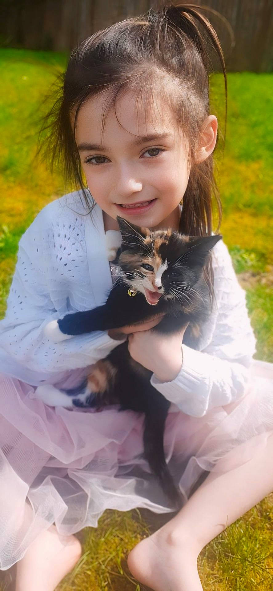 Alivia joined the competition — help win amazing prizes! animal, backyard, cat, child, clothing, dress, face, grass, head, kitten, lawn, nature, outdoors, park, person, pet, photography, plant, portrait, yard