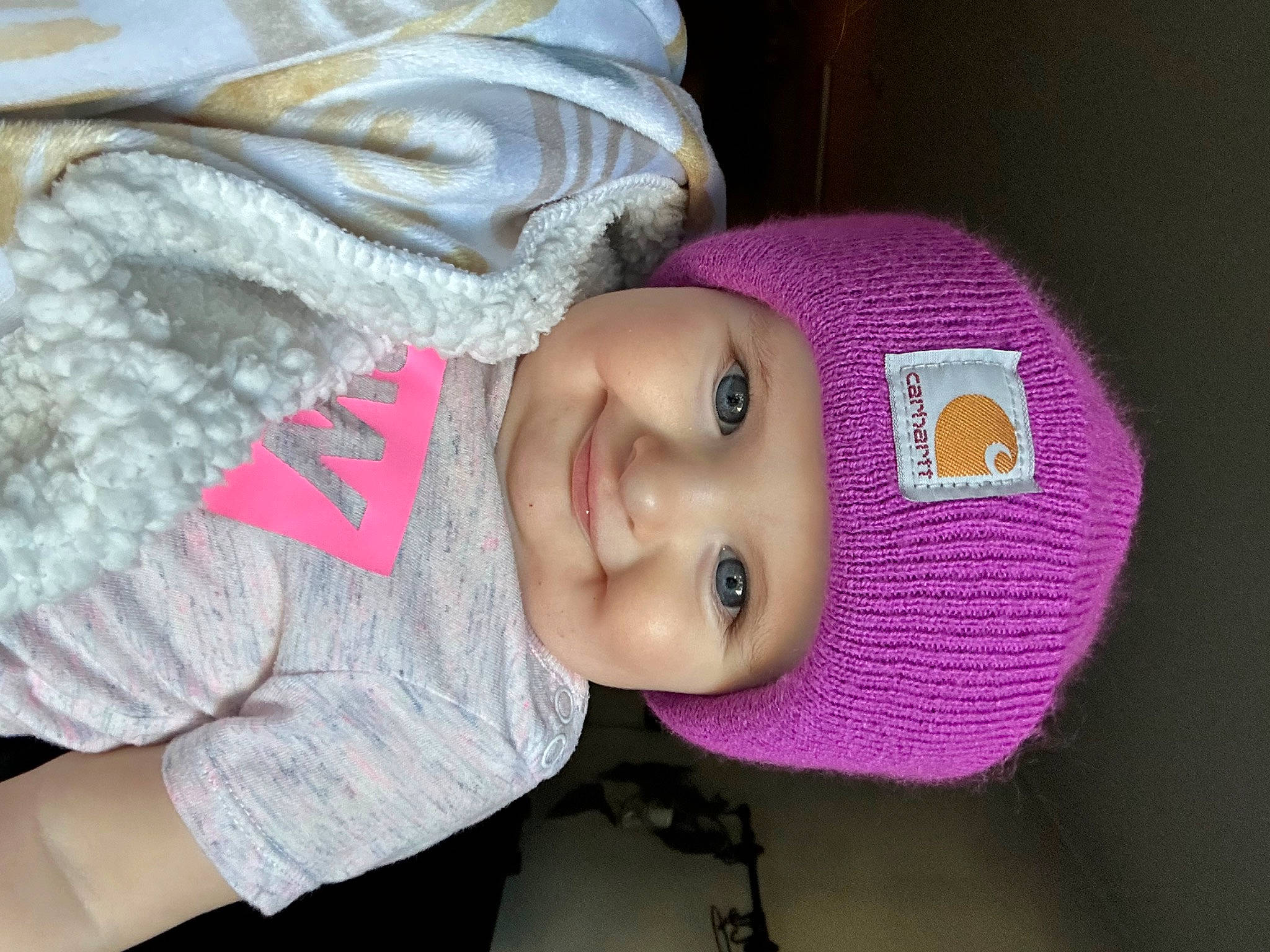 Scarlett joined the competition — help win amazing prizes! baby_toddler_clothing, cap, cheek, chin, clothing, eye, eyebrow, facial_expression, head, headgear, headwear, lip, mouth, nose, outerwear, person, pink, purple, skin, sleeve
