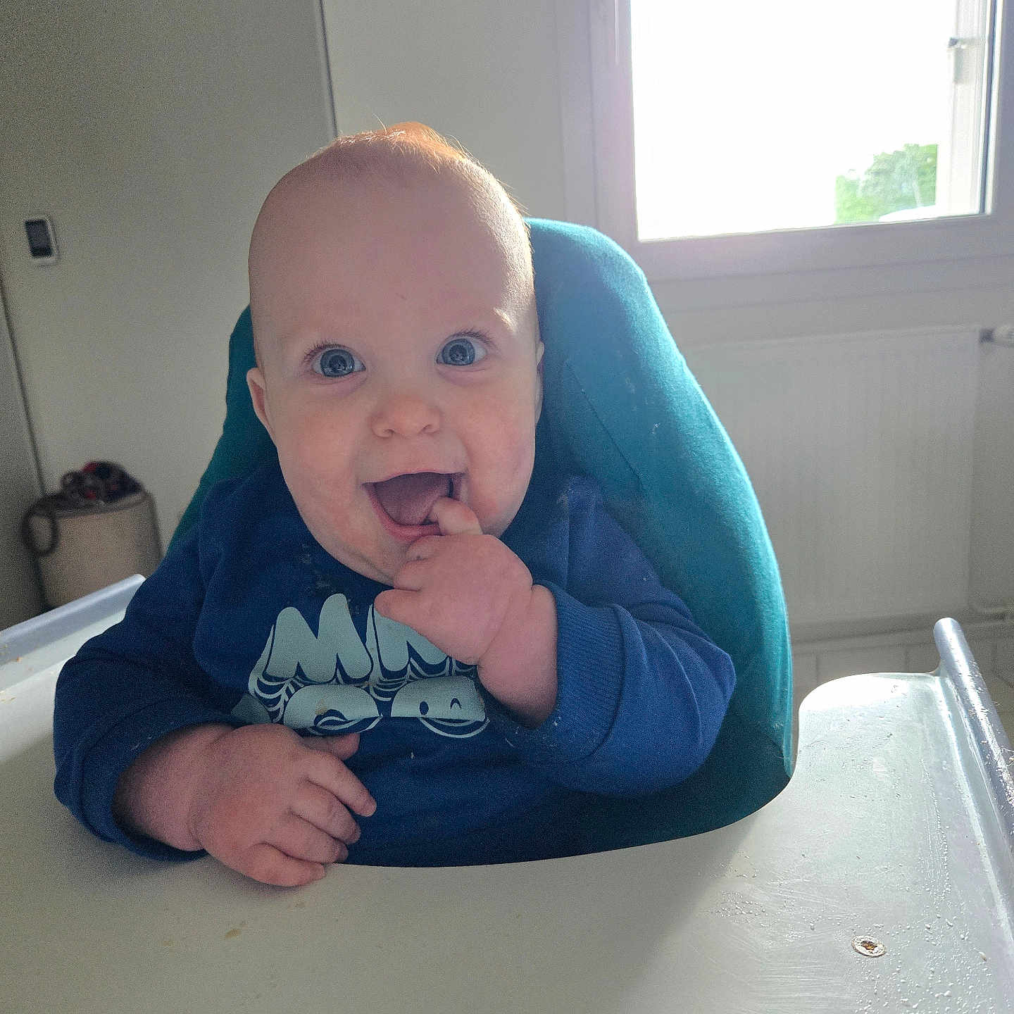 Tybaut participe au concours pour gagner de l'argent avec cette photo : baby, blue_shirt, child, cozy, cute, expression, face, fingers, happy, high_chair, indoor, infant, light, mouth, person, playful, portrait, seated, smiling, window