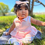 Gracia Wong joined the competition — help win amazing prizes! baby, child, outdoor, grass, dress, pink, headband, bow, sitting, curious, sunlight, portrait, nature, infant, cute, young, person, daylight, tree, blanket